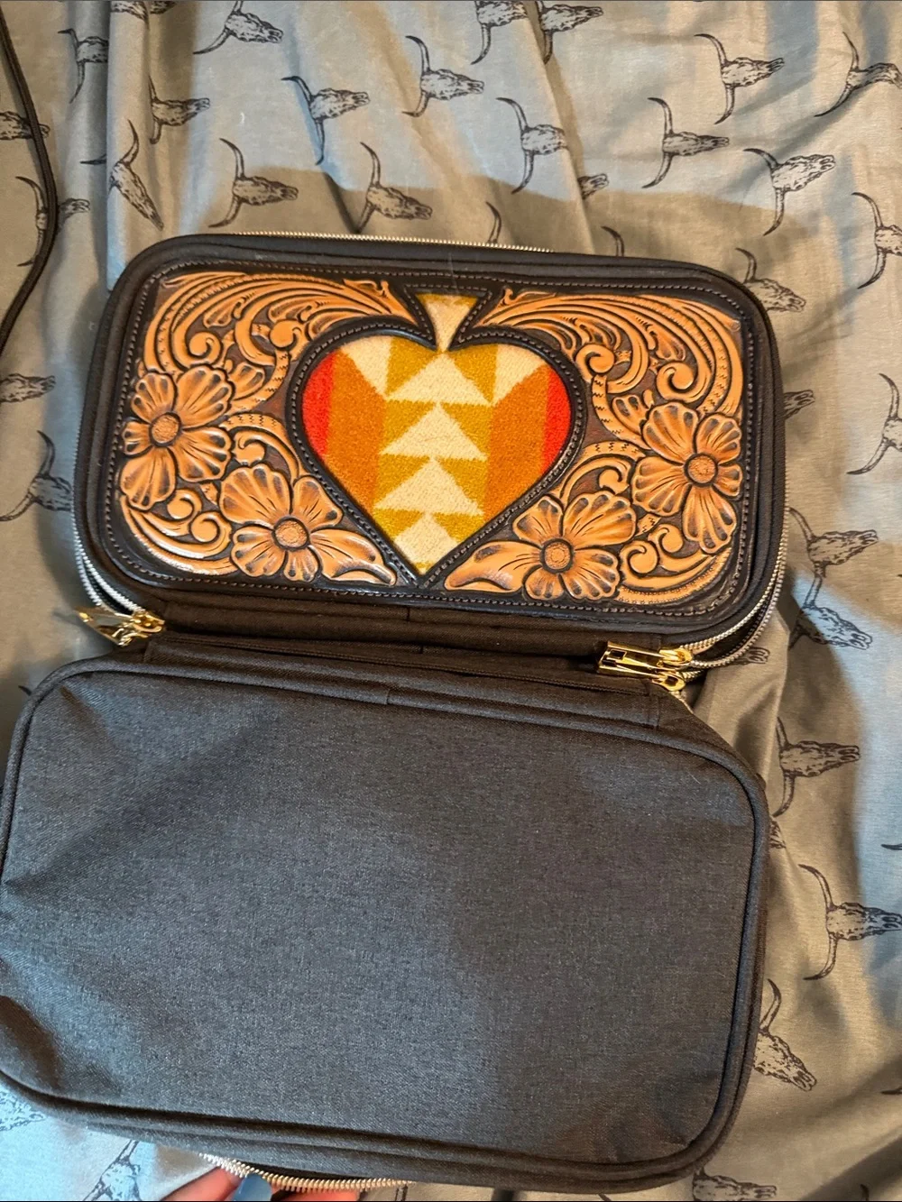 Tooled Floral Leather Jewelry Case with Southwestern Spade Panel